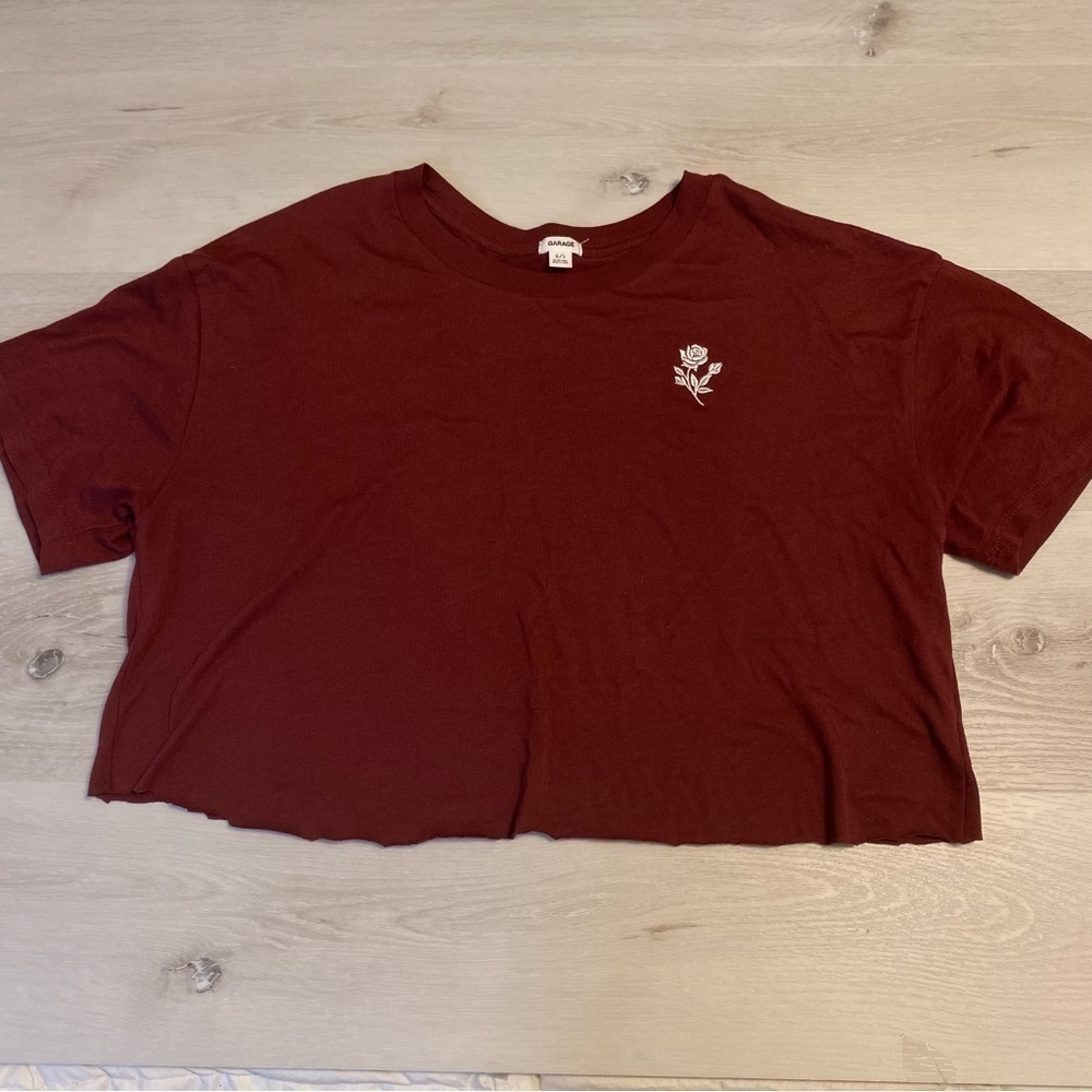 Garage Hand Cropped Maroon Soft Tee with Embroidered Rose, Size Large